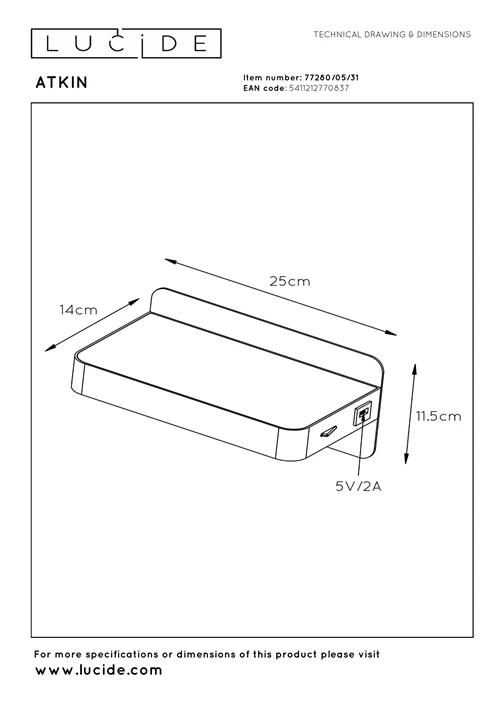Lucide ATKIN - Lampe de chevet / Applique mural - LED - 1x6W 3000K - Point de rechargement USB - Blanc - technique